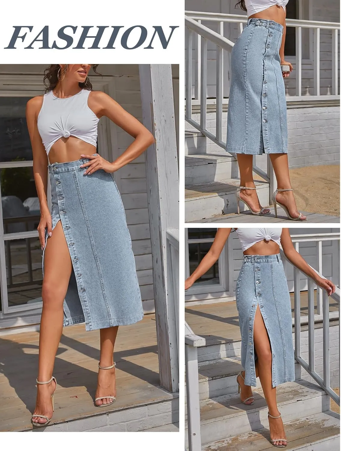 FEOYA Denim Skirt for Women Casual High Waist Midi/Mini Bodycon Skirt with Pockets Frayed Hem A Line Jean Skirts