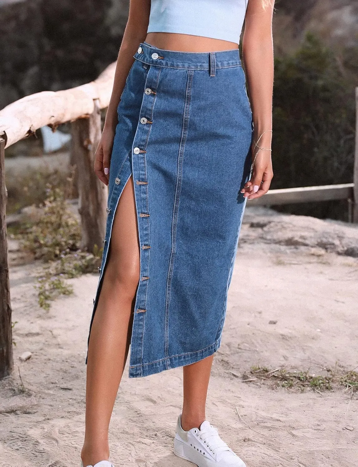 FEOYA Denim Skirt for Women Casual High Waist Midi/Mini Bodycon Skirt with Pockets Frayed Hem A Line Jean Skirts