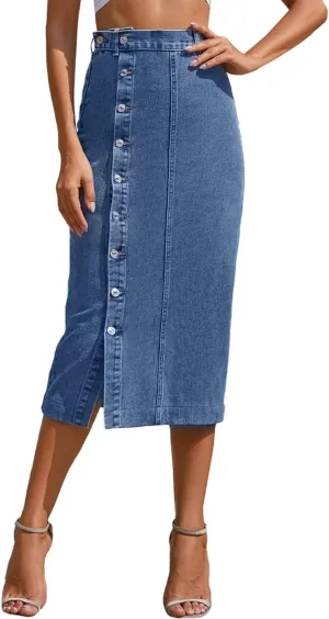 FEOYA Denim Skirt for Women Casual High Waist Midi/Mini Bodycon Skirt with Pockets Frayed Hem A Line Jean Skirts