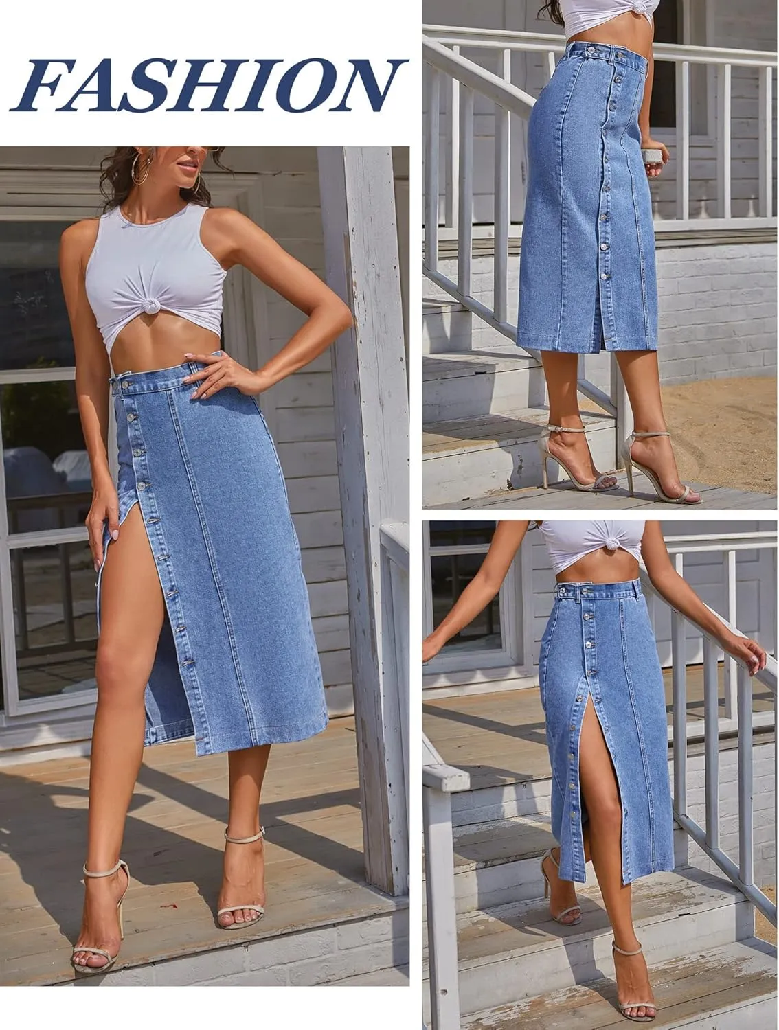 FEOYA Denim Skirt for Women Casual High Waist Midi/Mini Bodycon Skirt with Pockets Frayed Hem A Line Jean Skirts