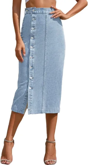 FEOYA Denim Skirt for Women Casual High Waist Midi/Mini Bodycon Skirt with Pockets Frayed Hem A Line Jean Skirts