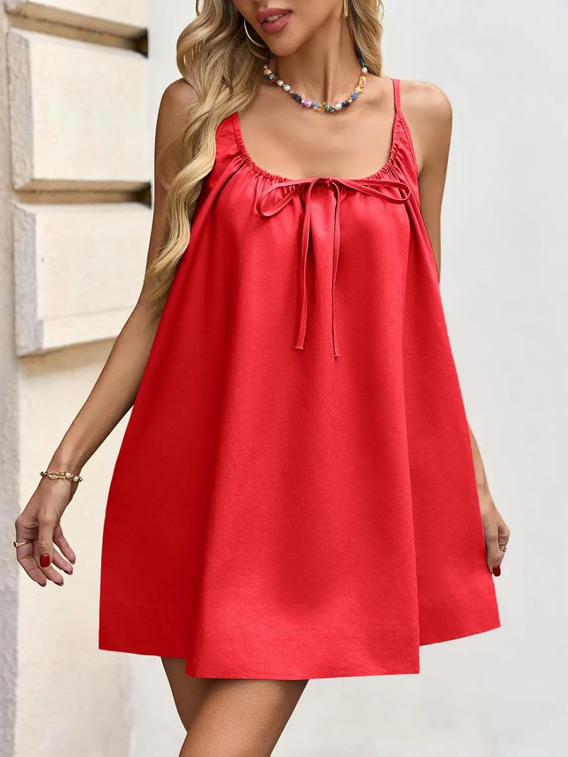 Fisoew Womens Spaghetti Strap Swimsuit Coverup Summer Linen Tie Backless Sleeveless Beach Cami Mini Dress with Pockets