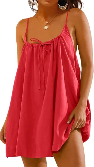 Fisoew Womens Spaghetti Strap Swimsuit Coverup Summer Linen Tie Backless Sleeveless Beach Cami Mini Dress with Pockets
