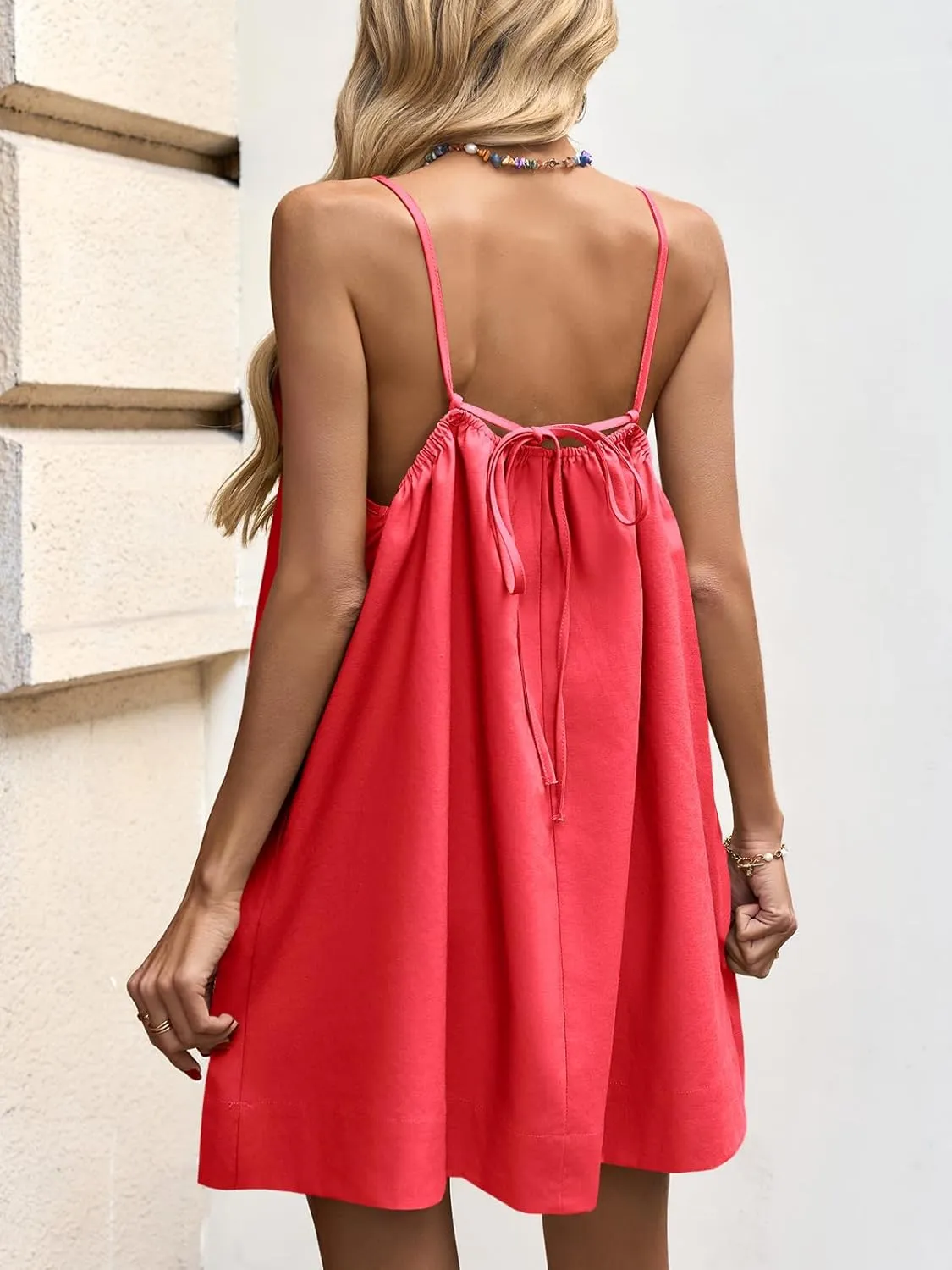 Fisoew Womens Spaghetti Strap Swimsuit Coverup Summer Linen Tie Backless Sleeveless Beach Cami Mini Dress with Pockets