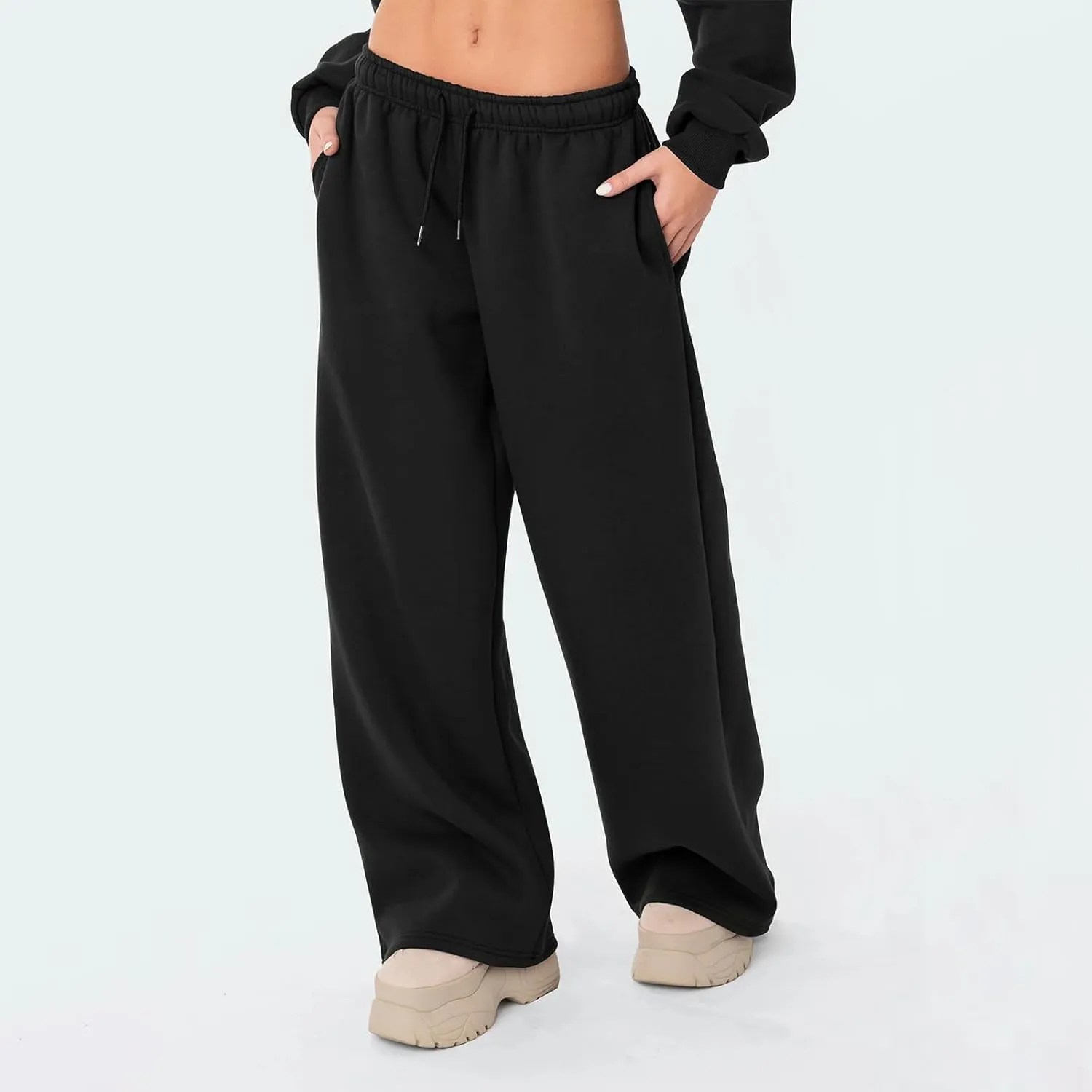 FOMOYUU Women's Casual Baggy Joggers Sweatpants Solid Color Drawstring High Waist Wide Leg Trousers