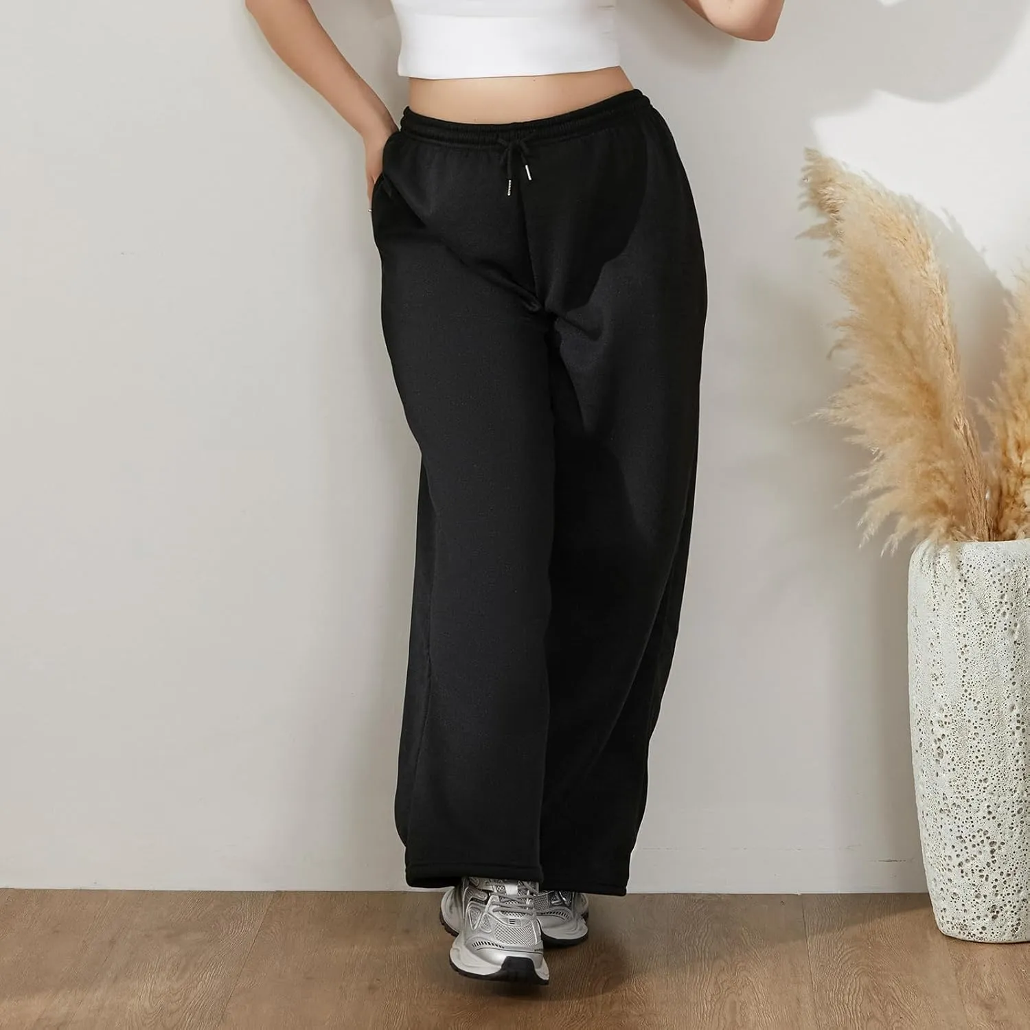 FOMOYUU Women's Casual Baggy Joggers Sweatpants Solid Color Drawstring High Waist Wide Leg Trousers