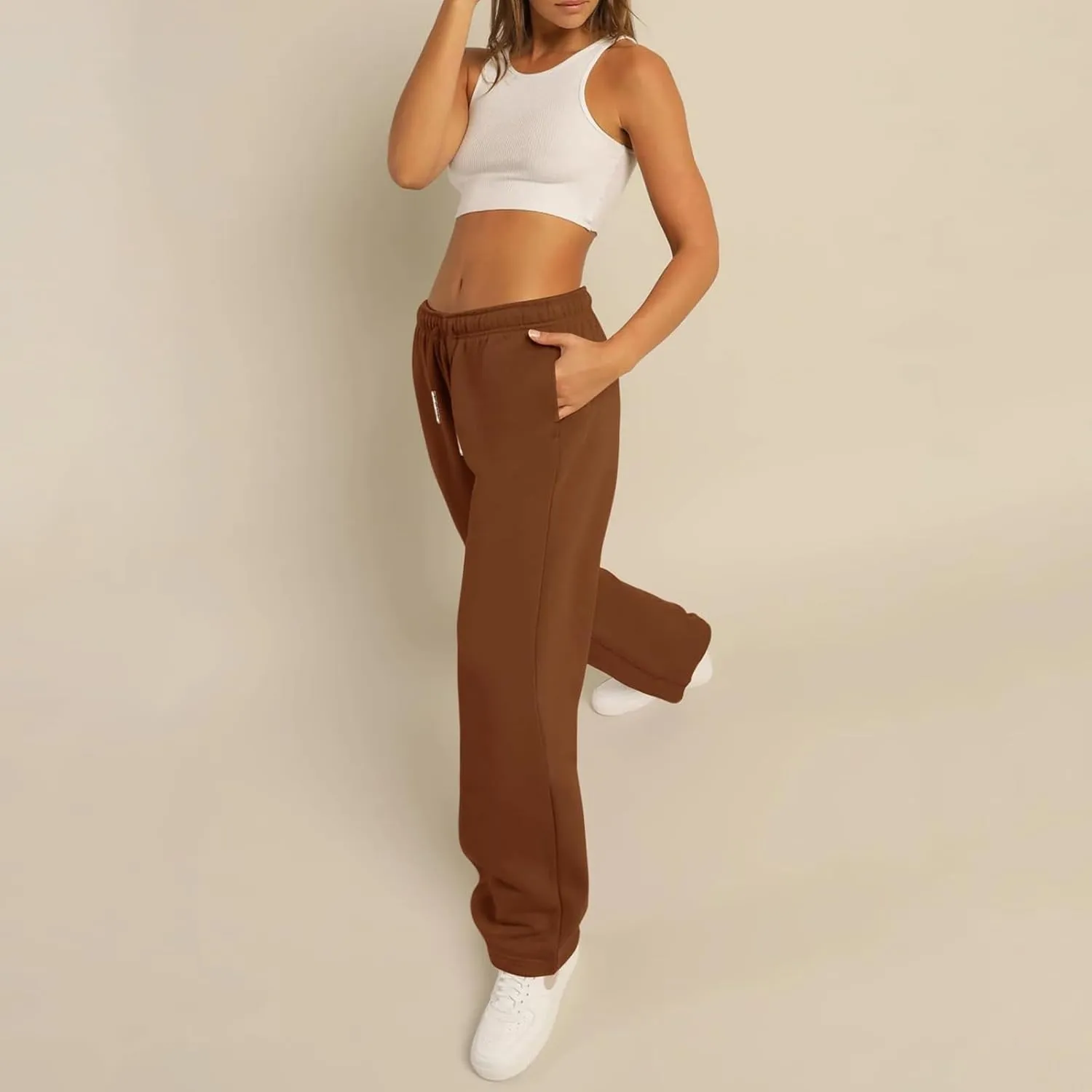 FOMOYUU Women's Casual Baggy Joggers Sweatpants Solid Color Drawstring High Waist Wide Leg Trousers