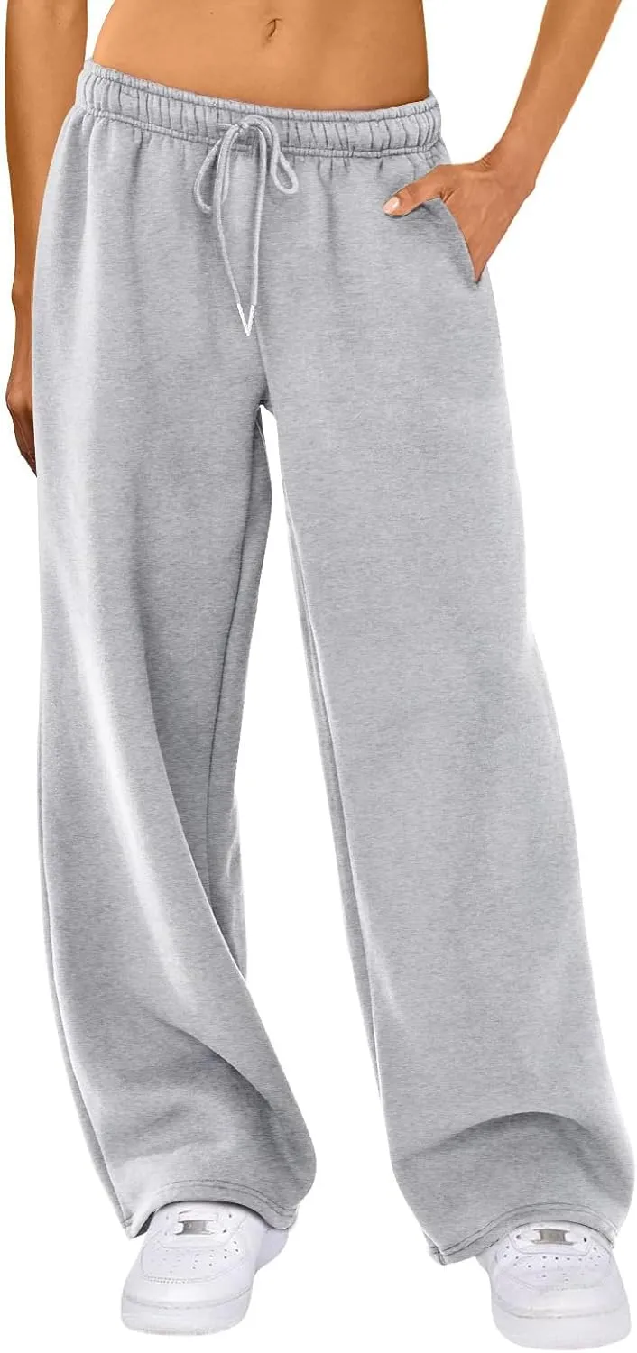 FOMOYUU Women's Casual Baggy Joggers Sweatpants Solid Color Drawstring High Waist Wide Leg Trousers