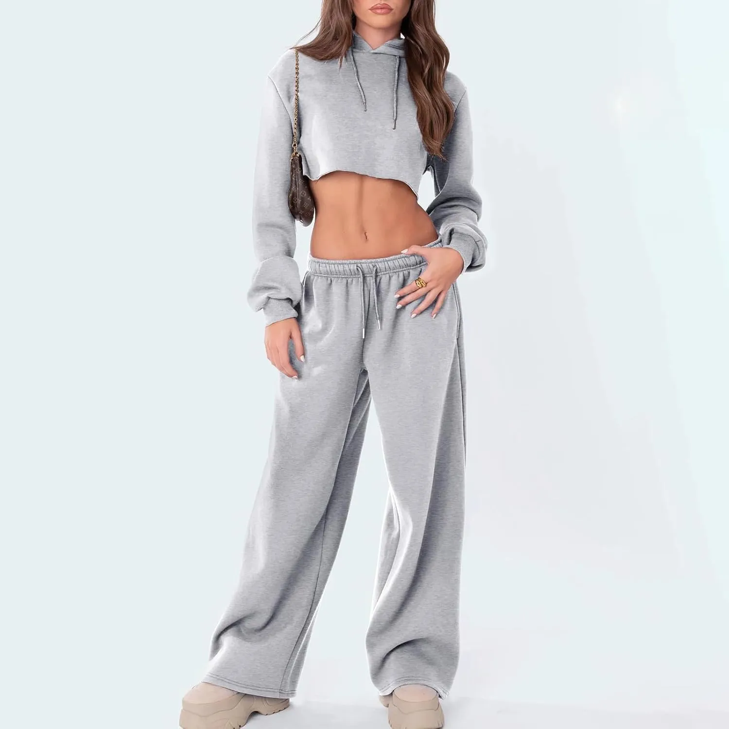 FOMOYUU Women's Casual Baggy Joggers Sweatpants Solid Color Drawstring High Waist Wide Leg Trousers