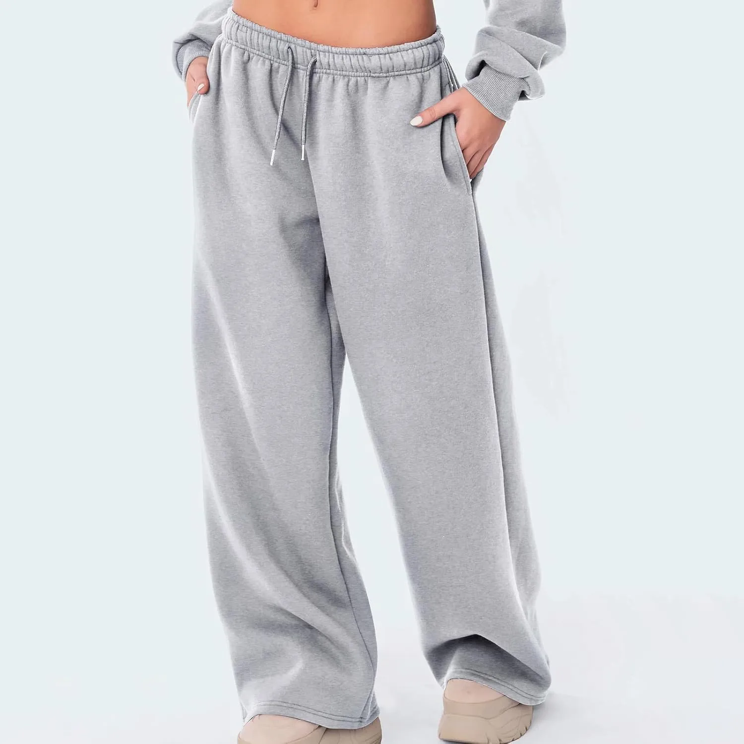 FOMOYUU Women's Casual Baggy Joggers Sweatpants Solid Color Drawstring High Waist Wide Leg Trousers