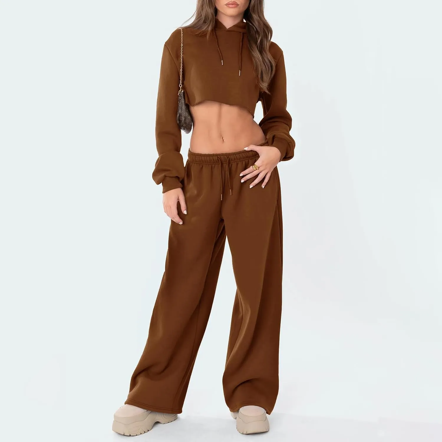 FOMOYUU Women's Casual Baggy Joggers Sweatpants Solid Color Drawstring High Waist Wide Leg Trousers