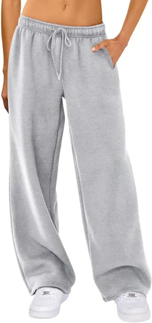 FOMOYUU Women's Casual Baggy Joggers Sweatpants Solid Color Drawstring High Waist Wide Leg Trousers