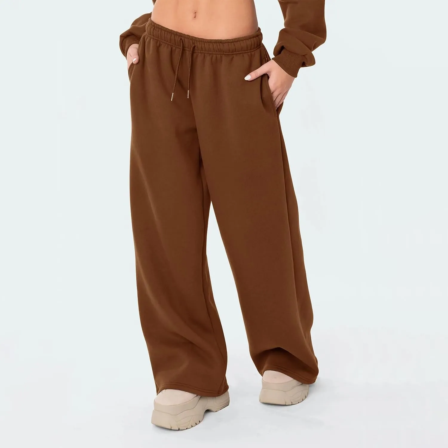 FOMOYUU Women's Casual Baggy Joggers Sweatpants Solid Color Drawstring High Waist Wide Leg Trousers