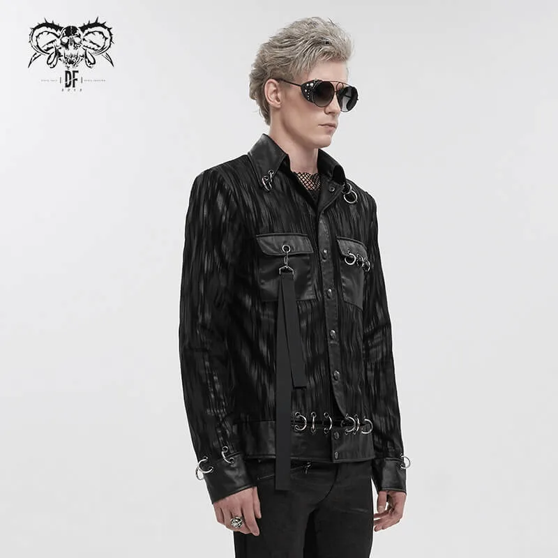 Gothic Men's Short Jacket with Metal Eyelets And Rings / Stylish Black Striped Jackets with Pockets
