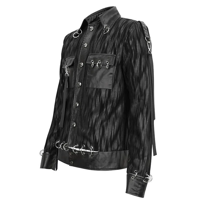 Gothic Men's Short Jacket with Metal Eyelets And Rings / Stylish Black Striped Jackets with Pockets