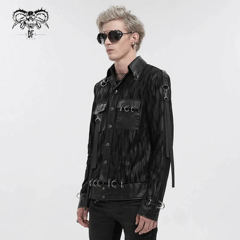 Gothic Men's Short Jacket with Metal Eyelets And Rings / Stylish Black Striped Jackets with Pockets