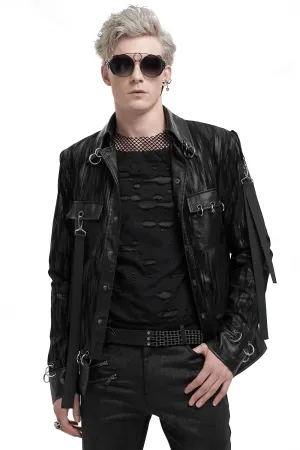 Gothic Men's Short Jacket with Metal Eyelets And Rings / Stylish Black Striped Jackets with Pockets