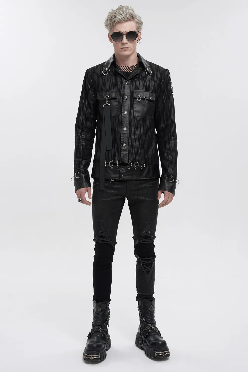 Gothic Men's Short Jacket with Metal Eyelets And Rings / Stylish Black Striped Jackets with Pockets