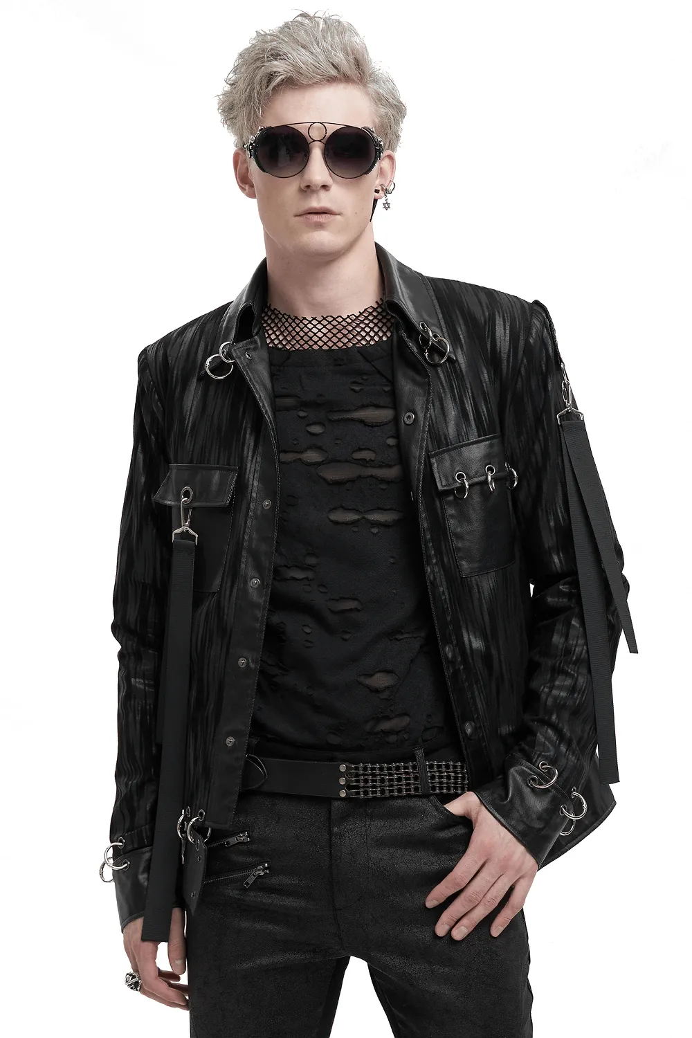 Gothic Men's Short Jacket with Metal Eyelets And Rings / Stylish Black Striped Jackets with Pockets