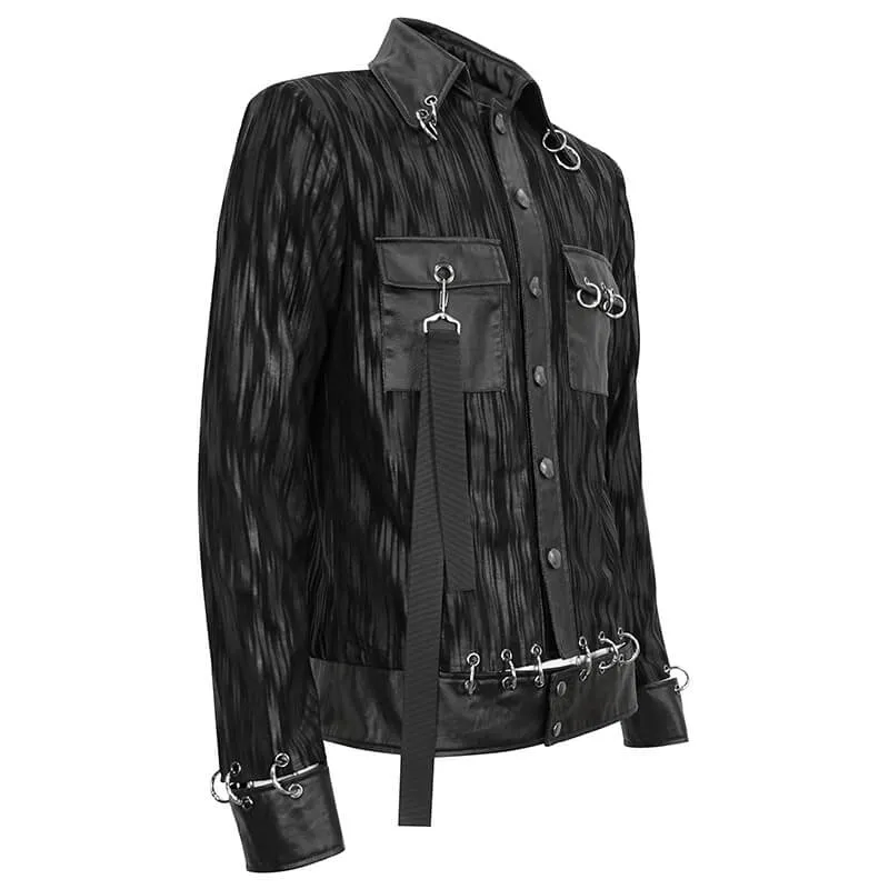 Gothic Men's Short Jacket with Metal Eyelets And Rings / Stylish Black Striped Jackets with Pockets