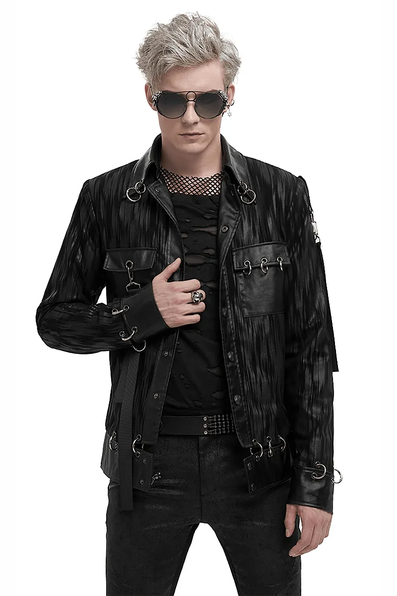 Gothic Men's Short Jacket with Metal Eyelets And Rings / Stylish Black Striped Jackets with Pockets