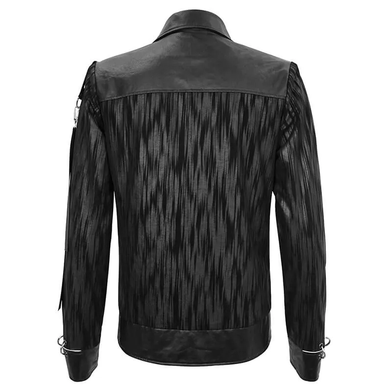 Gothic Men's Short Jacket with Metal Eyelets And Rings / Stylish Black Striped Jackets with Pockets