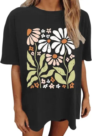Graphic Tees for Teen Girls Oversized Boho Wildflowers Tshirt Vintage Floral Graphic Tees Summer Flower Tops