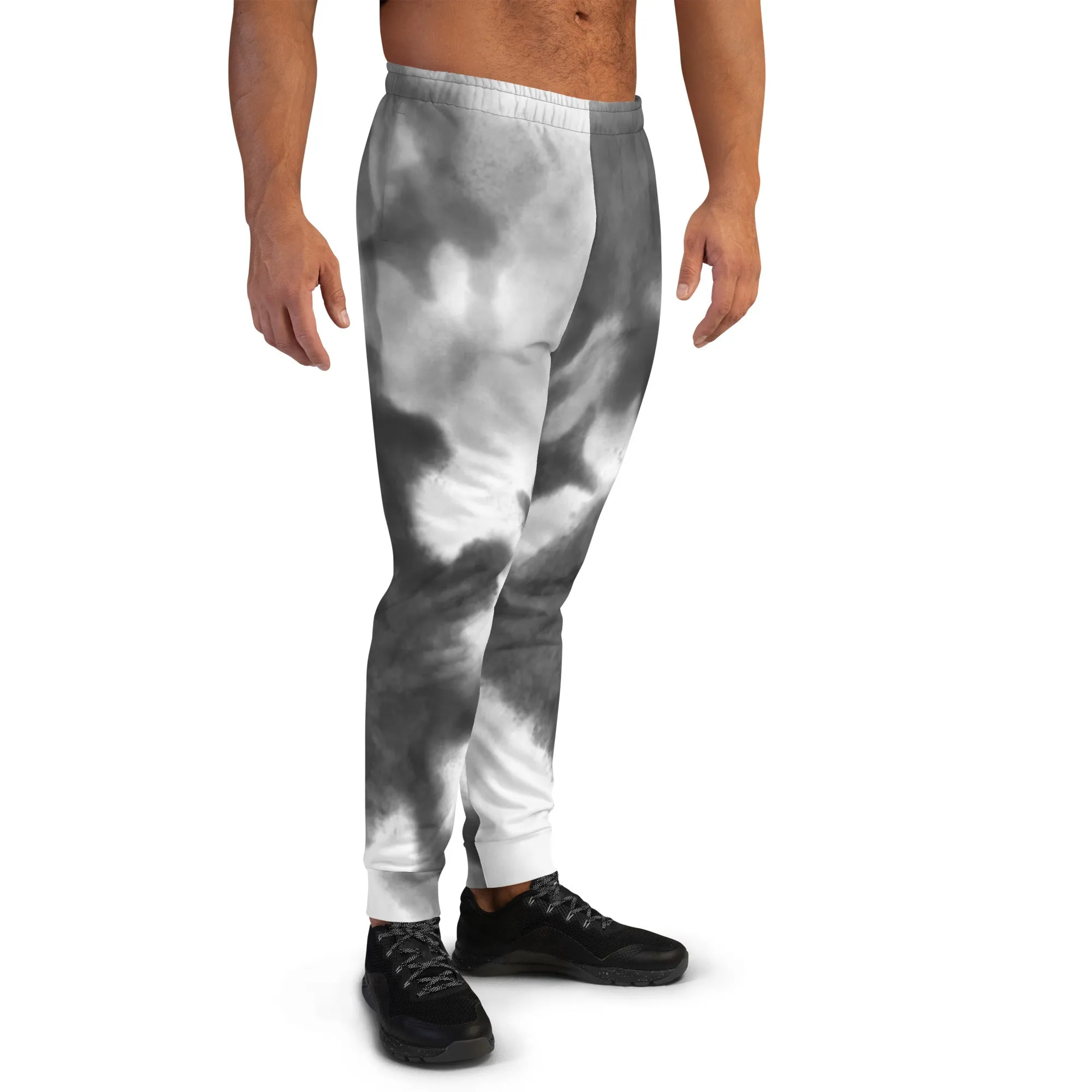 Grey White Abstract Men's Joggers, Best Abstract Slim-Fit Fashionable Sweatpants-Made in USA/EU/MX