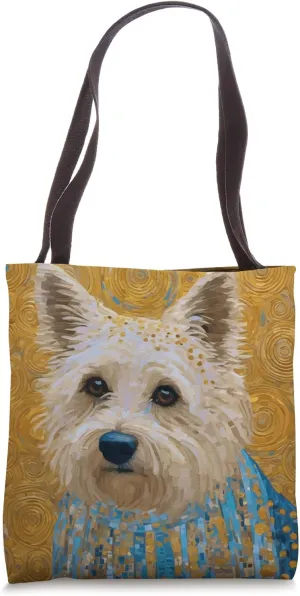 Gustav Klimt Style White Dog with Patterned Blue Garment Tote Bag