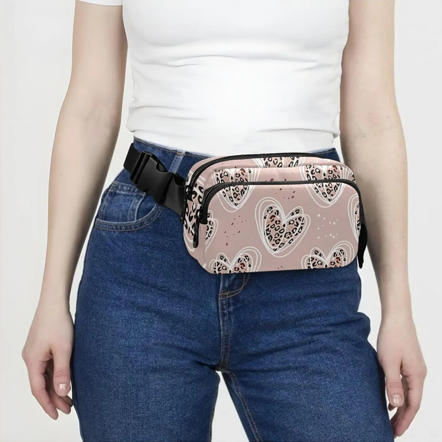 Heart Stylized Leopard Fanny Packs Women Hip Pack Belt Bag Waterproof Cartoon Waist Pouch for Women