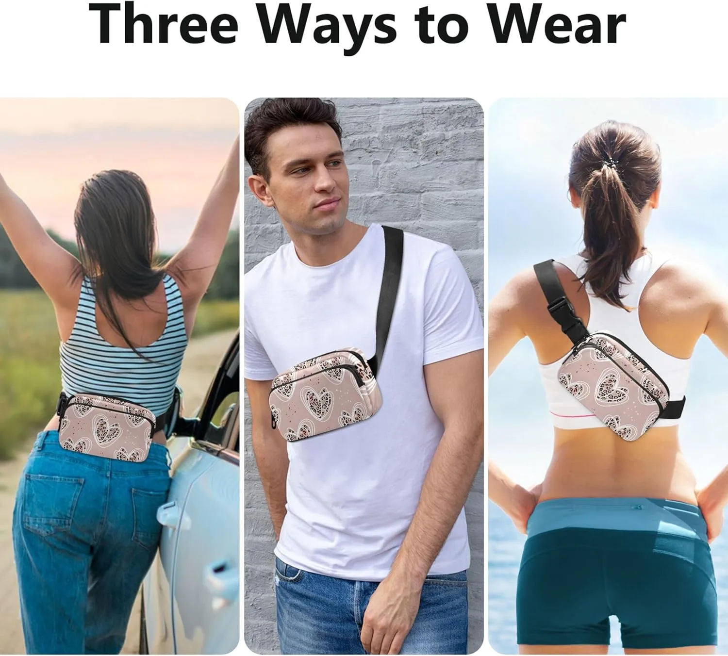 Heart Stylized Leopard Fanny Packs Women Hip Pack Belt Bag Waterproof Cartoon Waist Pouch for Women