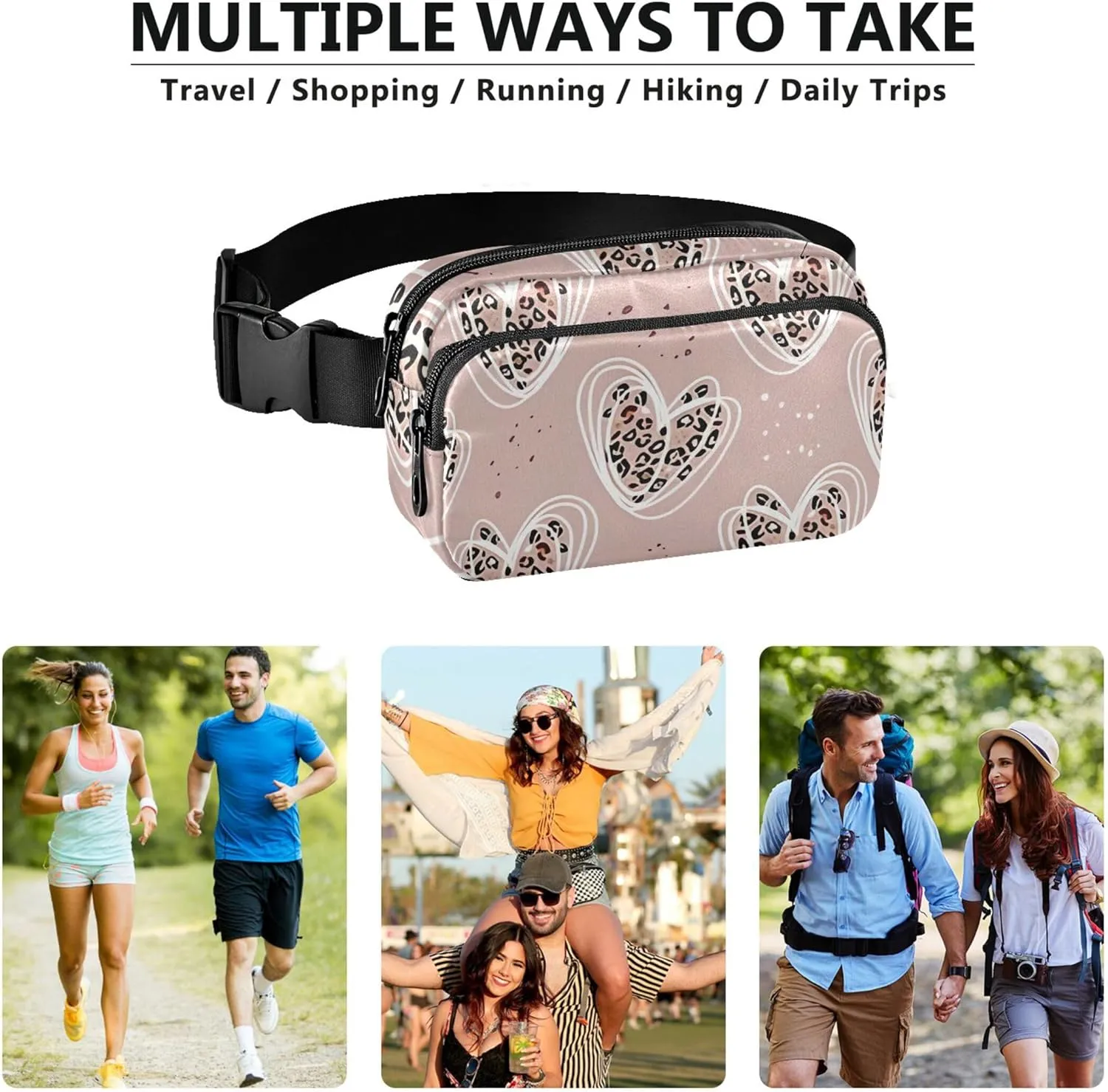Heart Stylized Leopard Fanny Packs Women Hip Pack Belt Bag Waterproof Cartoon Waist Pouch for Women