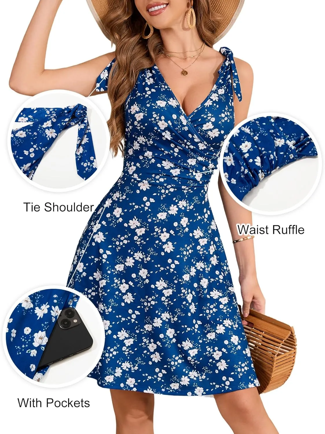 HUHOT Women's Summer Floral Sundress 2025 Sleeveless Tie Shoulder V Neck Flowy A-line Elastic Waist Ruffle Midi Dresses
