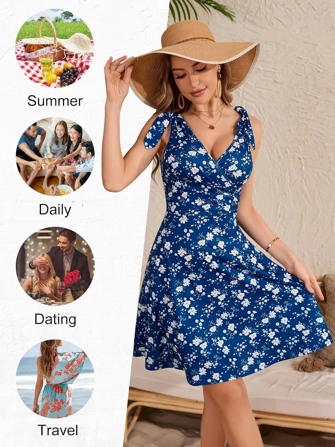HUHOT Women's Summer Floral Sundress 2025 Sleeveless Tie Shoulder V Neck Flowy A-line Elastic Waist Ruffle Midi Dresses