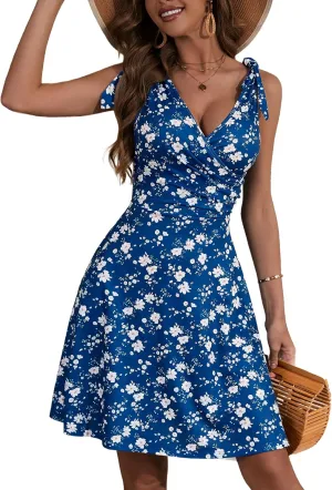HUHOT Women's Summer Floral Sundress 2025 Sleeveless Tie Shoulder V Neck Flowy A-line Elastic Waist Ruffle Midi Dresses