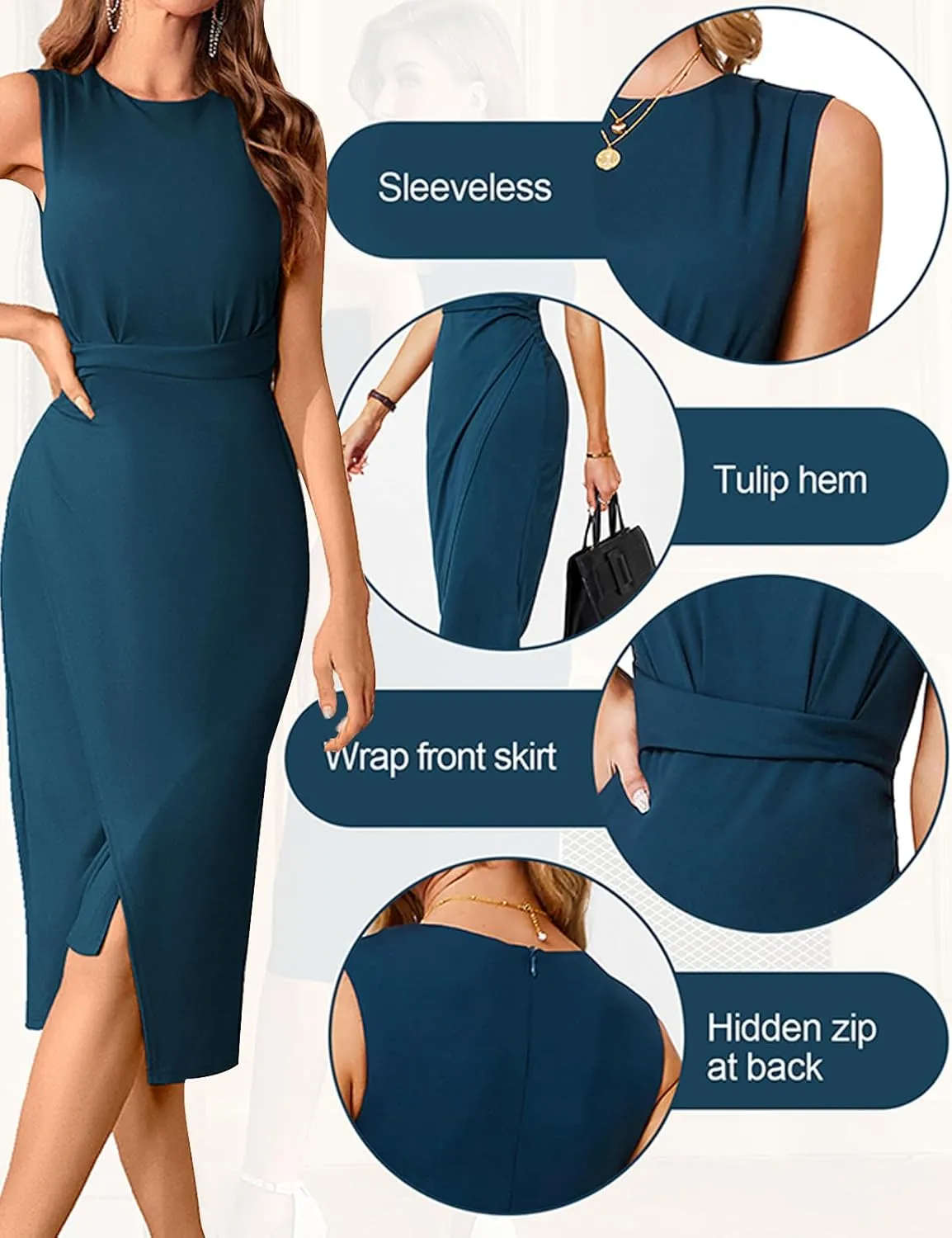 JASAMBAC Women's Sleeveless Tank Wrap Dress Midi Retro Wedding Cocktail Party Dress Ruched Club Evening Night Pencil Dresses