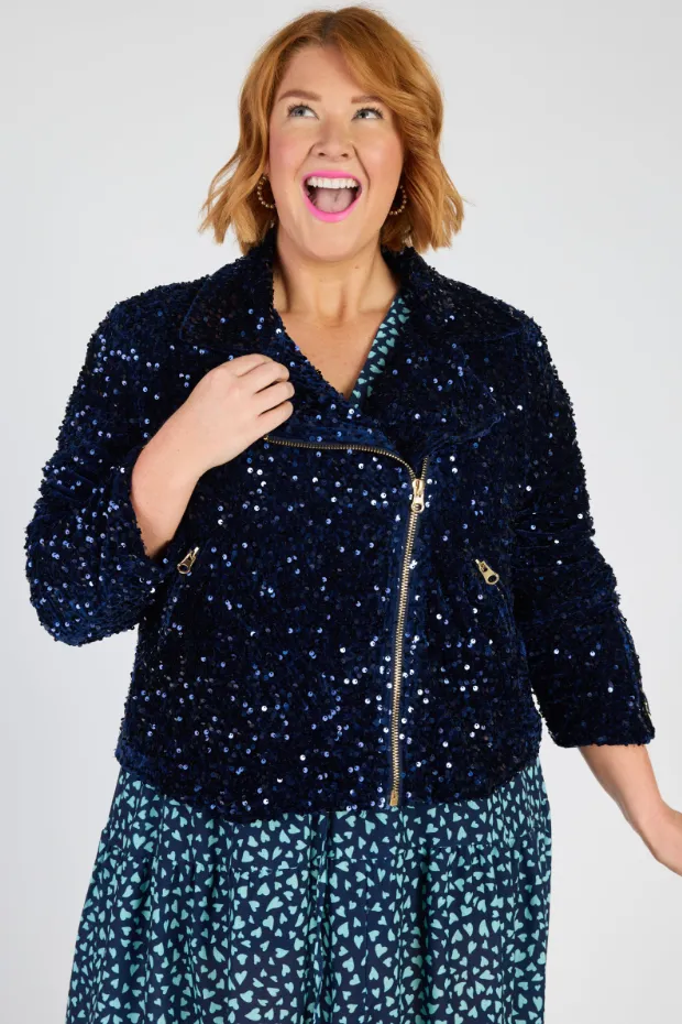 Kaitlin Navy Sequins Biker Jacket