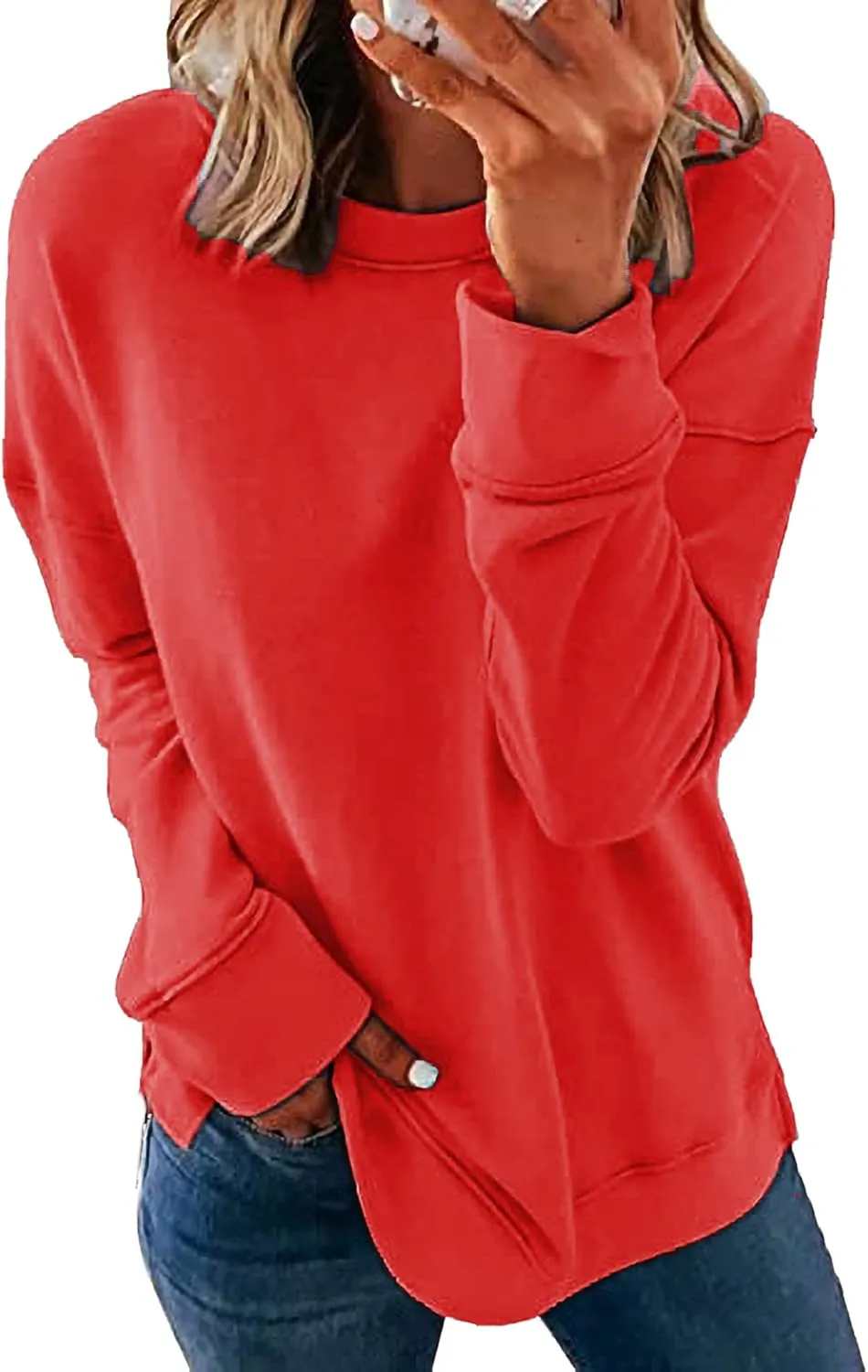 KINSWT Womens Sweatshirt Long Sleeve CrewNeck Striped Pullover side split Tops