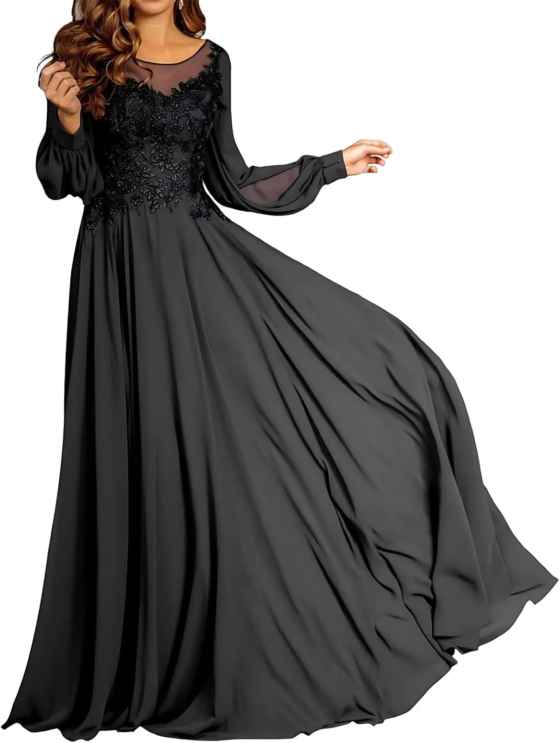 Lace Applique Chiffon Mother of The Bride Dresses for Wedding A-Line Crew Neck Long Sleeves Maxi Formal Evening Dress