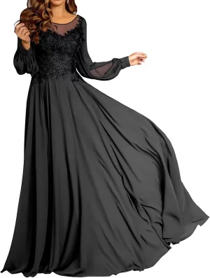 Lace Applique Chiffon Mother of The Bride Dresses for Wedding A-Line Crew Neck Long Sleeves Maxi Formal Evening Dress
