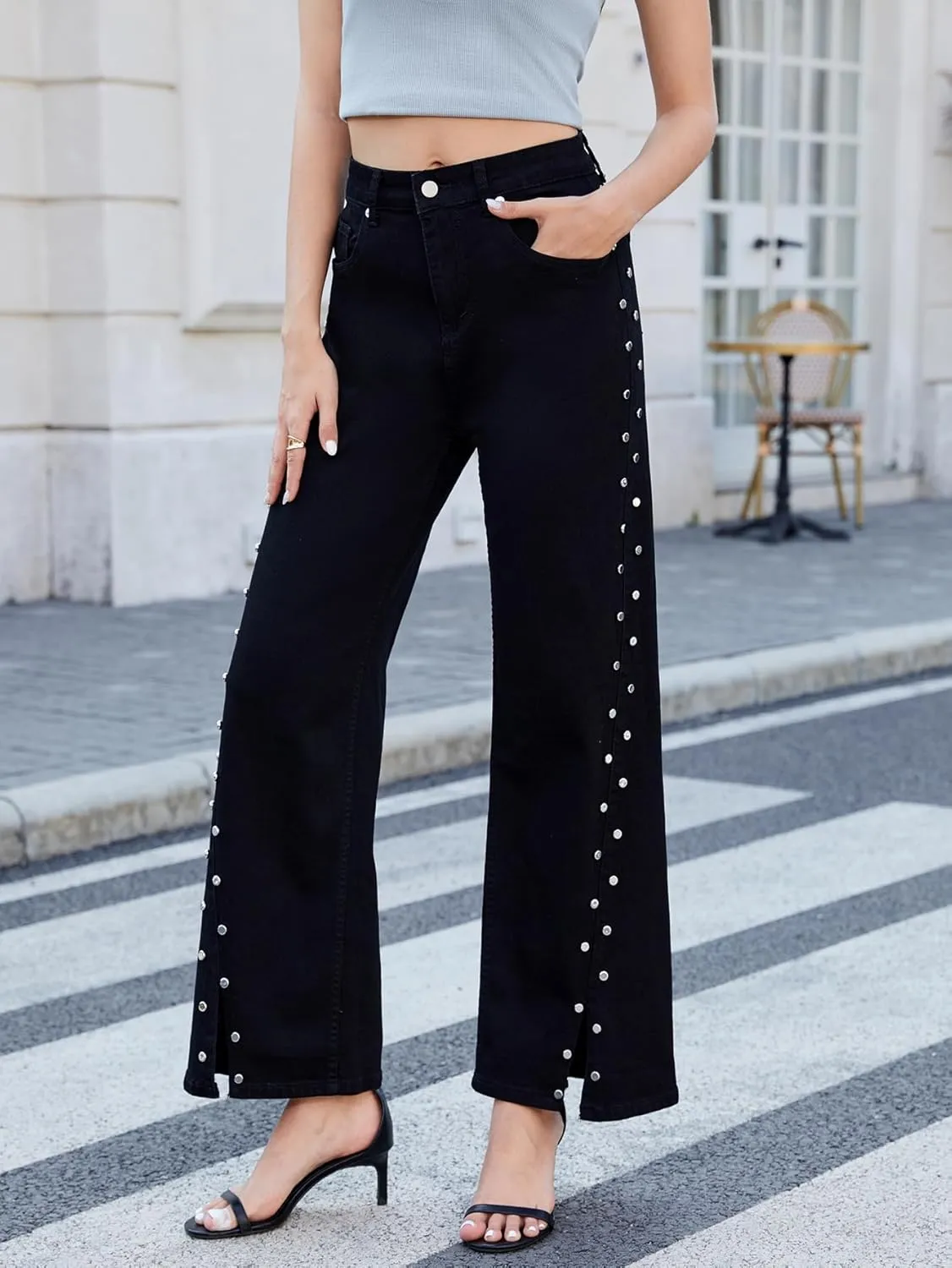 Ladyful Women's Straight Leg Jeans Stud High Waist Casual Stretch Denim Pants Embellished Split Jeans