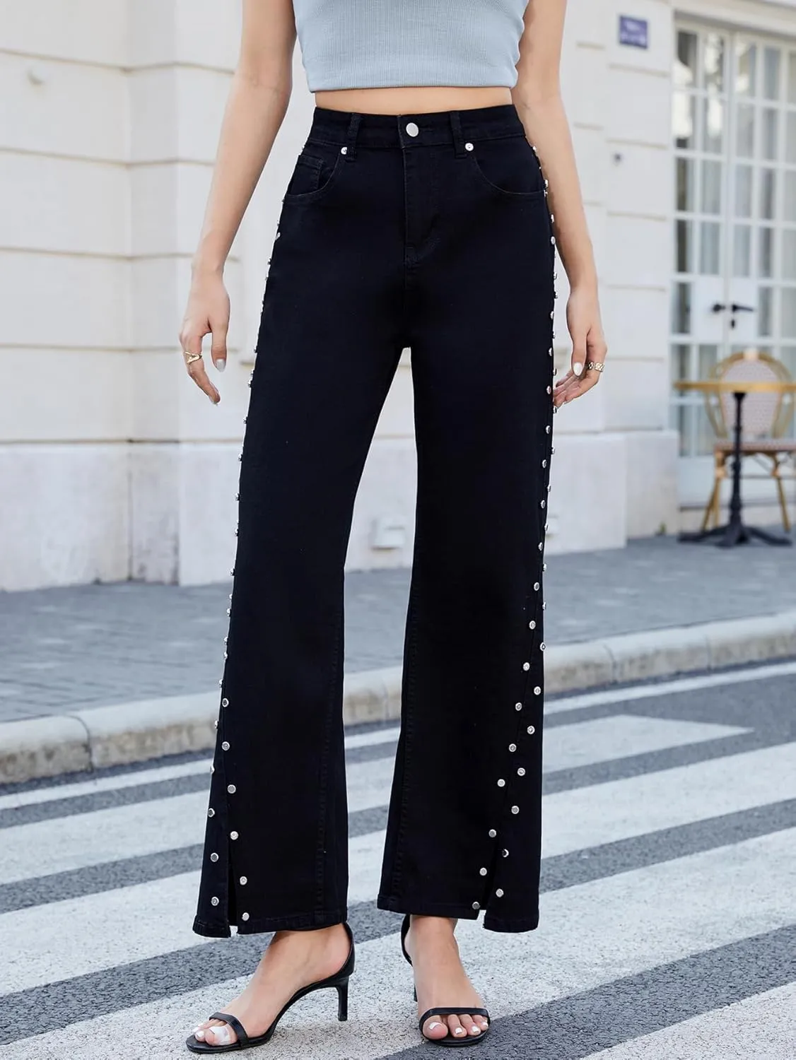 Ladyful Women's Straight Leg Jeans Stud High Waist Casual Stretch Denim Pants Embellished Split Jeans