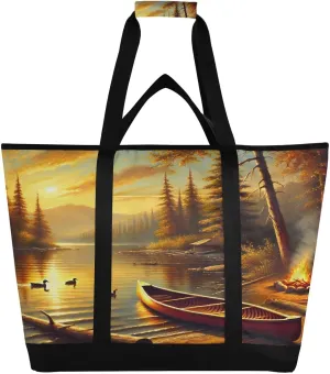 Lake Sunrise Fire Tote Bag for Women with Zipper Reusable Grocery Bags Foldable Insulated Cooler Bag Totes Handbags Shopping Bags for Groceries Beach Travel Work Picnic