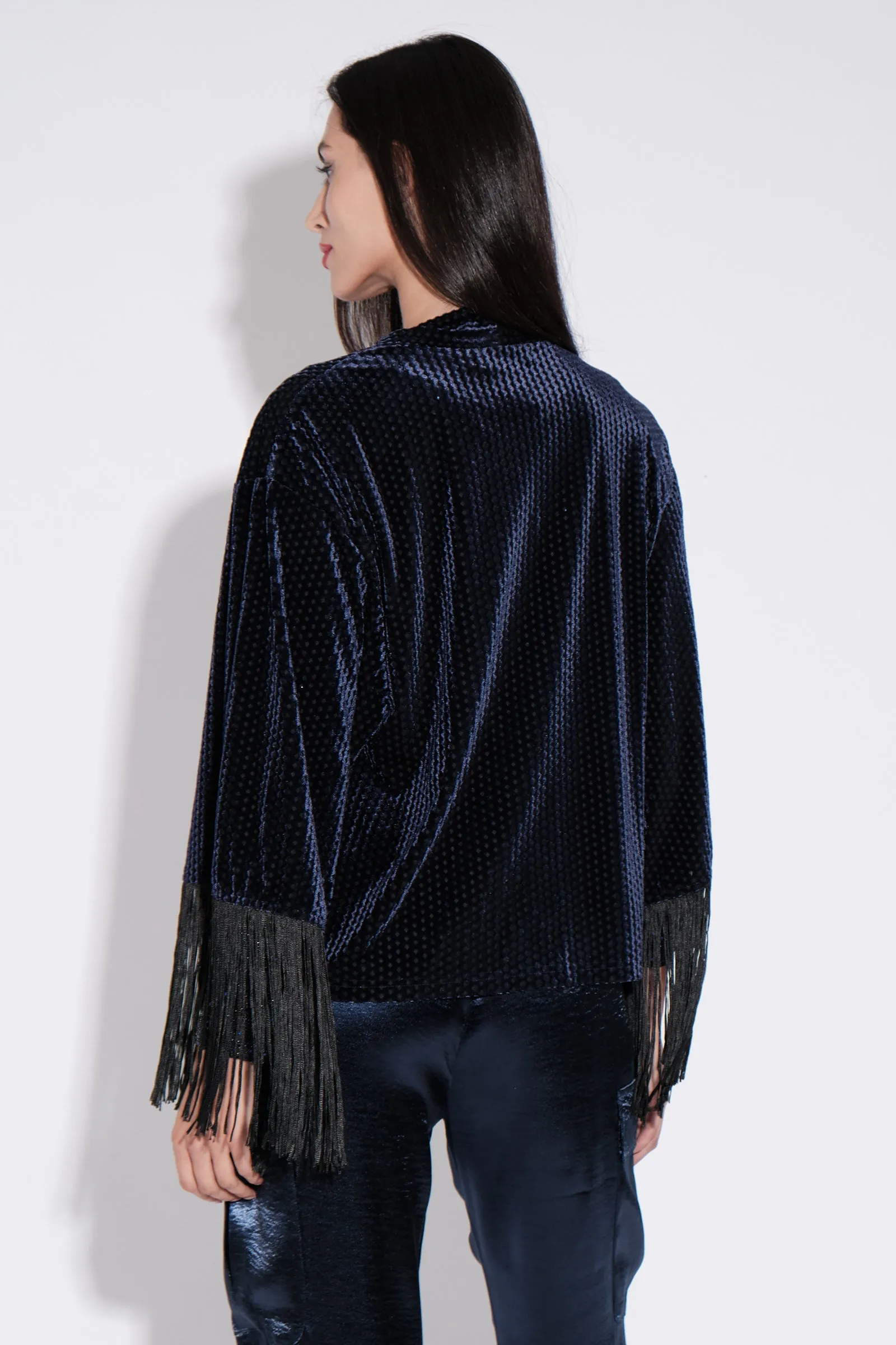 Lilo Fringe Trim Velvet Kimono Navy