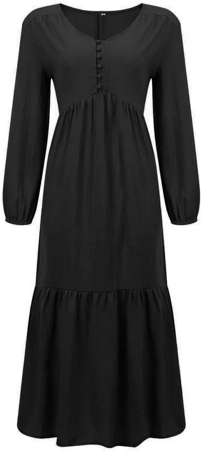Linen Dress Women Button Front V Neck Long Sleeve Dress Pleated Tiered Ruffle Bottom Maxi Fall Dresses with Pockets