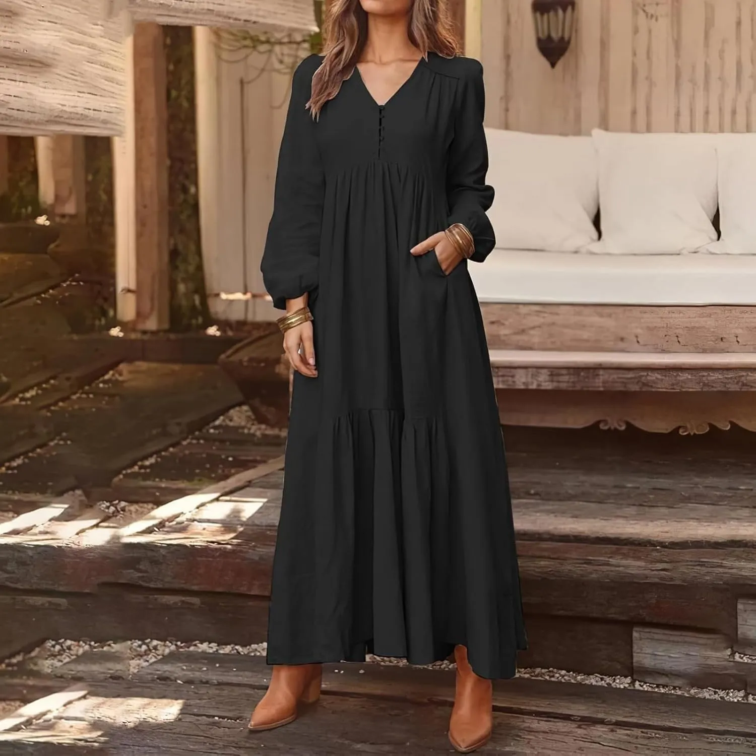 Linen Dress Women Button Front V Neck Long Sleeve Dress Pleated Tiered Ruffle Bottom Maxi Fall Dresses with Pockets