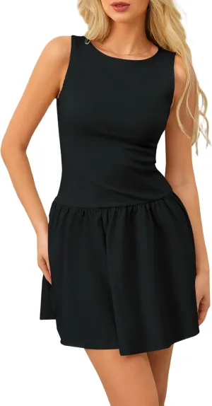 Livtany Women's Sleeveless Mini Dress Ruffle Hem Boat Neck Tank Short Dress Elegant Slim Fit Flowy Summer Beach Sundress