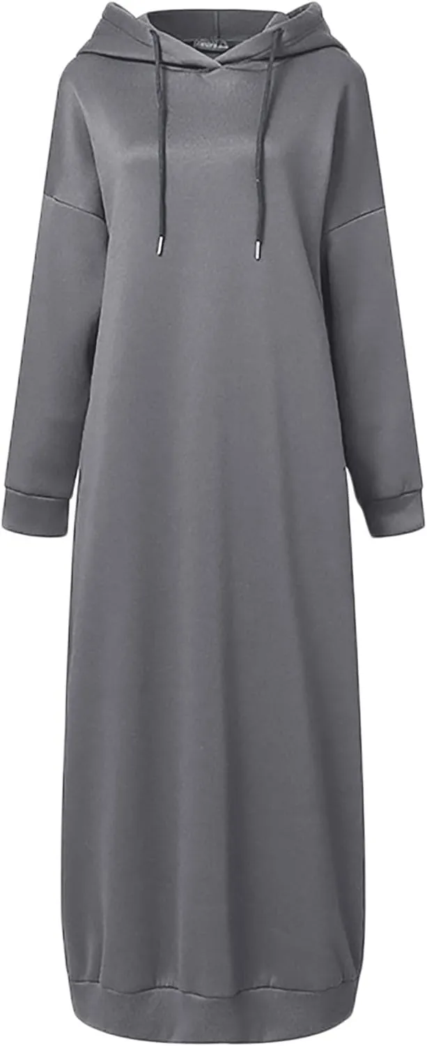 Long Hoodies for Women Solid Color Muslim Prayer Dress Drawstring Long Sleeve Oversized Hooded Sweatshirts Pullover Clothes