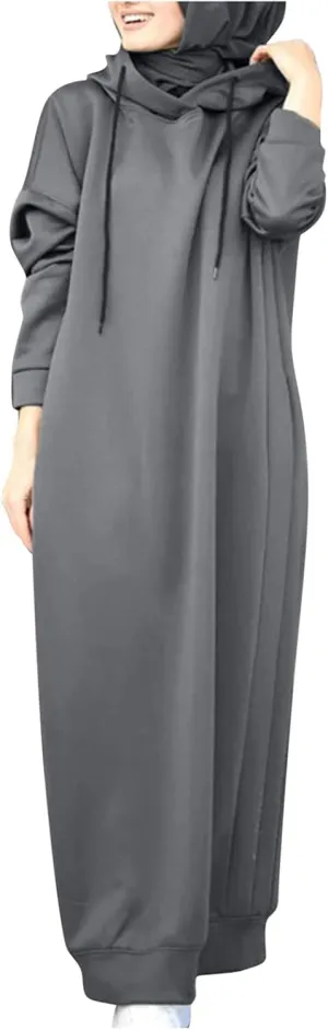 Long Hoodies for Women Solid Color Muslim Prayer Dress Drawstring Long Sleeve Oversized Hooded Sweatshirts Pullover Clothes