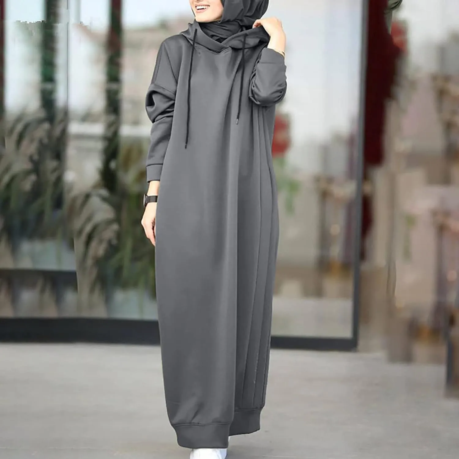 Long Hoodies for Women Solid Color Muslim Prayer Dress Drawstring Long Sleeve Oversized Hooded Sweatshirts Pullover Clothes